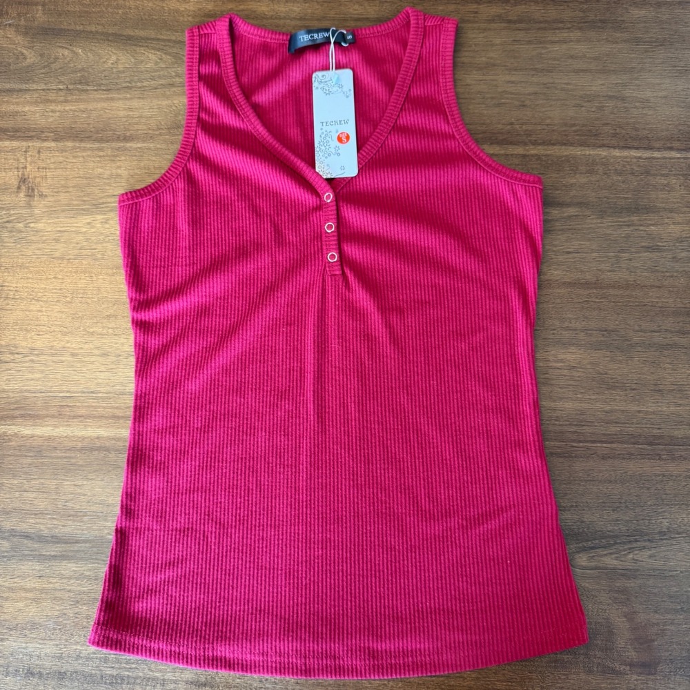 Tecrew Womens Henley Tank Top Ribbed V Neck Sleeveless Shirt Pink Red Size‎ S